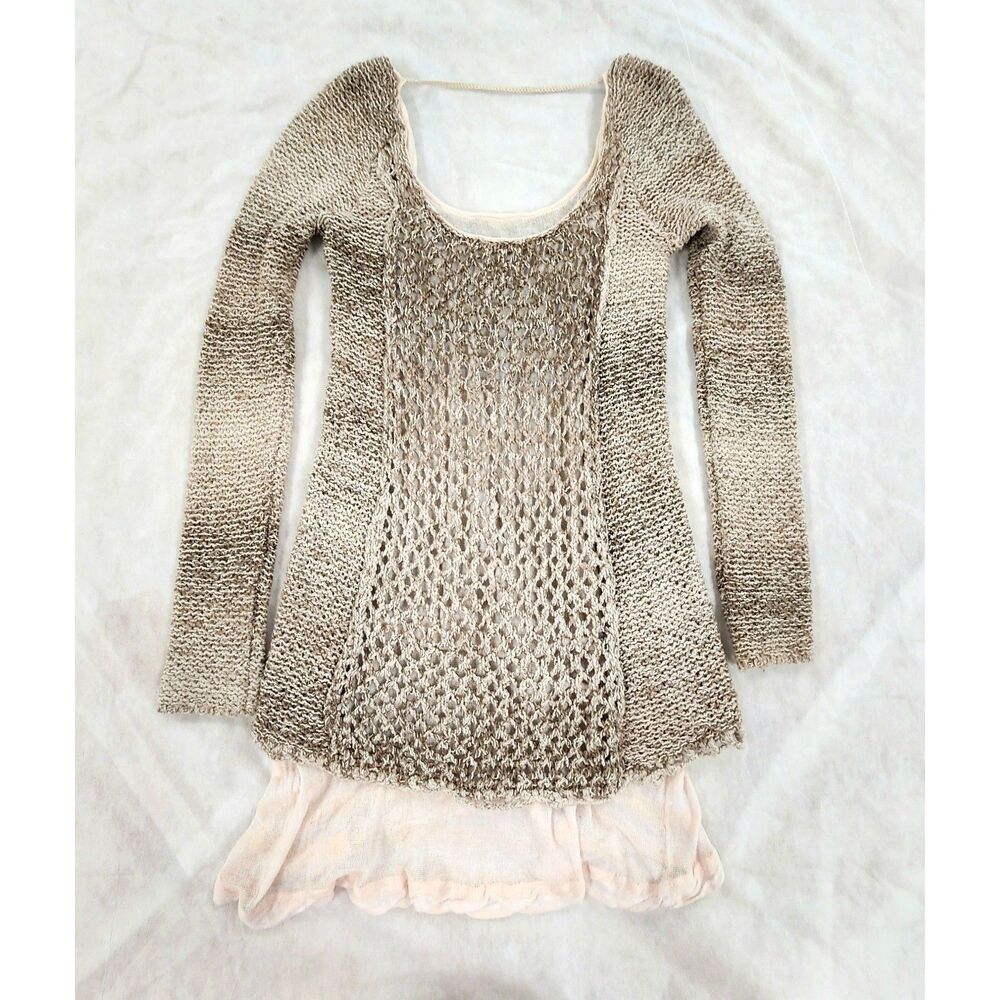 Free People Womens Open Knit Sweater Medium Boho Layered Gauze Tunic - Picture 3 of 14